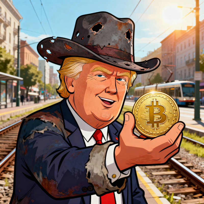 Trump Holds Bitcoin in Cartoon Style Trump Holds Bitcoin in Cartoon Style