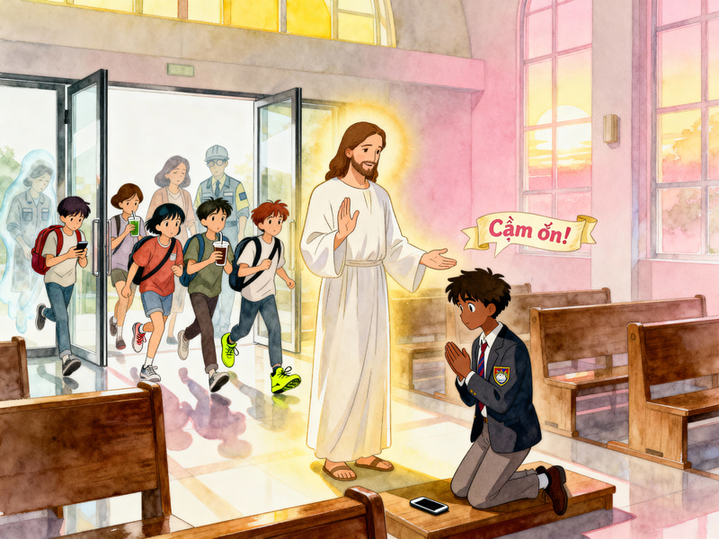 Uplifting Church Hall Scene with Jesus and Teen Uplifting Church Hall Scene with Jesus and Teen
