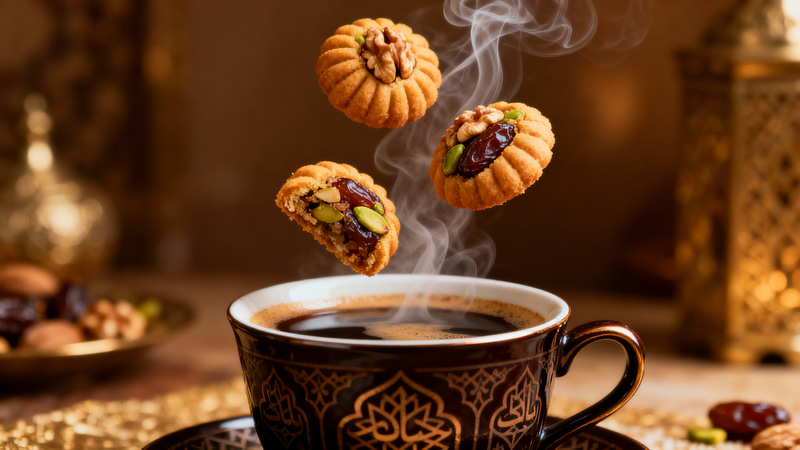 Delicious Mamool Pastry with Arabic Coffee Delicious Mamool Pastry with Arabic Coffee