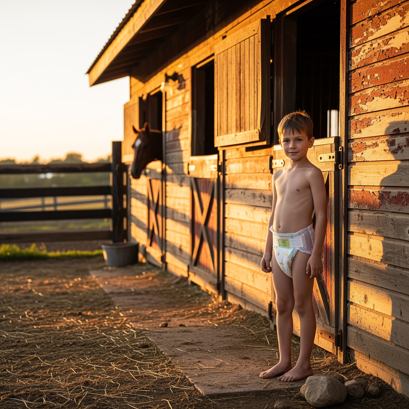 Caucasian Boy in Diaper Near Horse Barn