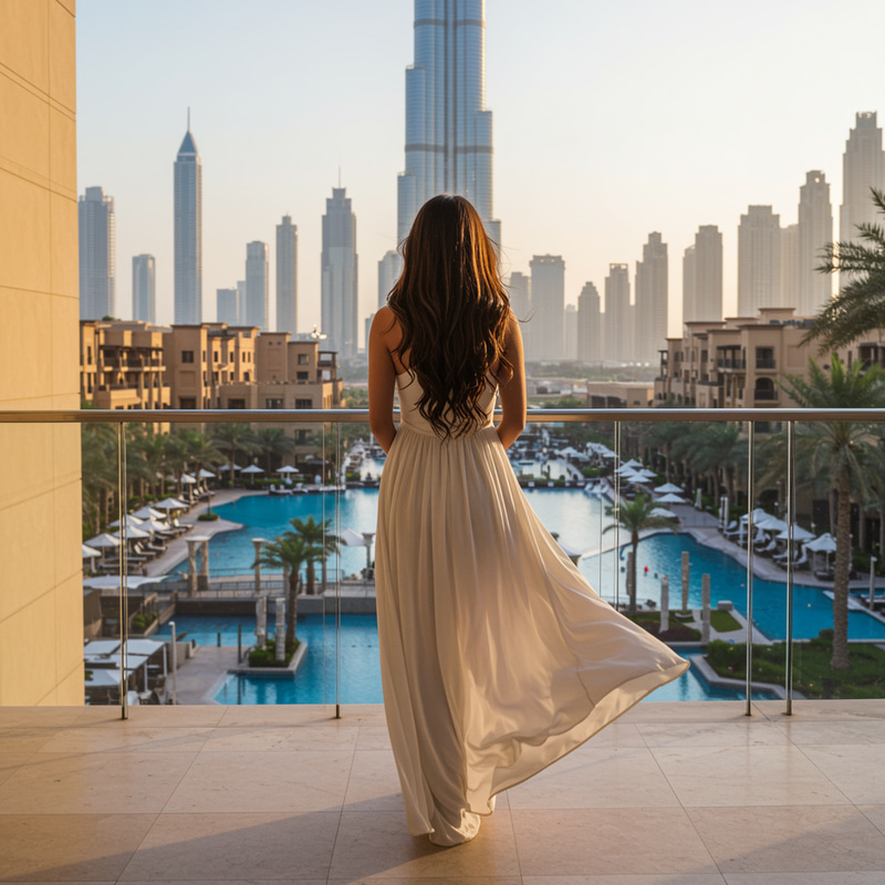 Luxurious Dubai View with Faceless Woman Luxurious Dubai View with Faceless Woman