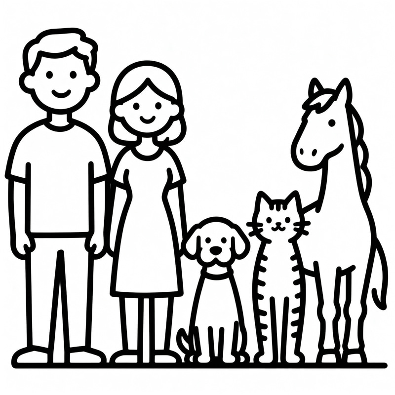 Family Line Art: Dad, Mum, Baby, Dog, Cat, & Horse Family Line Art: Dad, Mum, Baby, Dog, Cat, & Horse