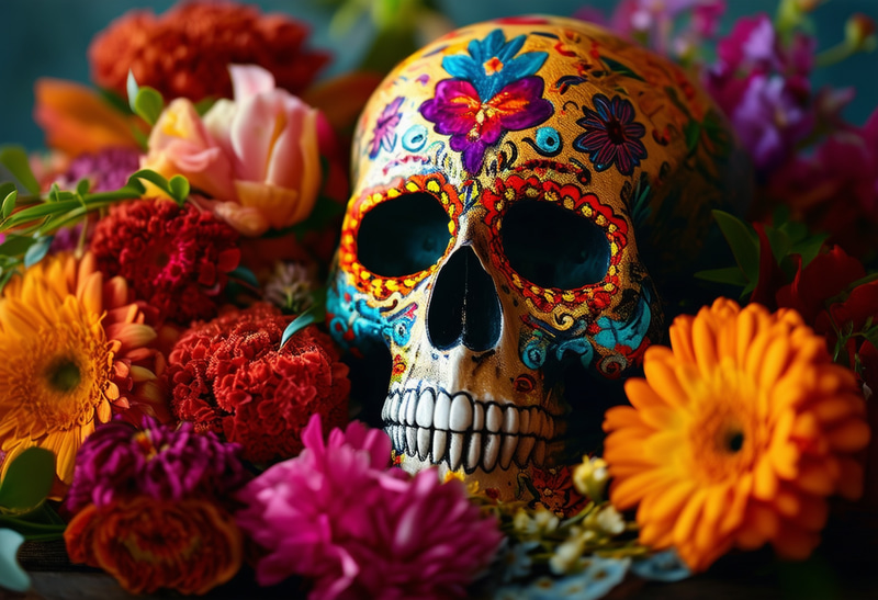 Intricately Decorated Human Skull with Day of the Dead Motifs Intricately Decorated Human Skull with Day of the Dead Motifs