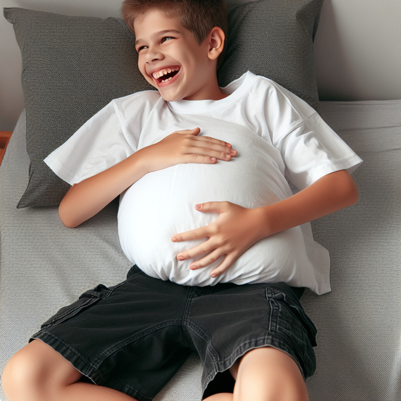 Joyful 10-Year-Old Boy Pretending Pregnancy with Twins Joyful 10-Year-Old Boy Pretending Pregnancy with Twins