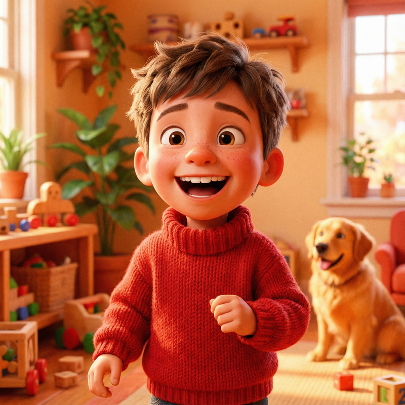 Cheerful Pixar-Style Boy in Red Sweater Animation
