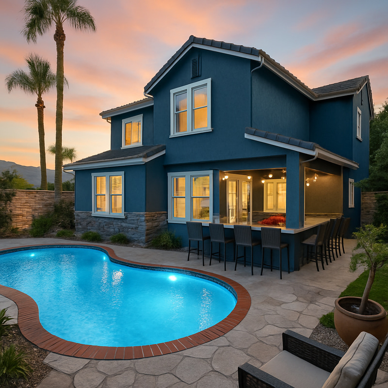 Blue Stone House with Lush Plants and Pool Blue Stone House with Lush Plants and Pool