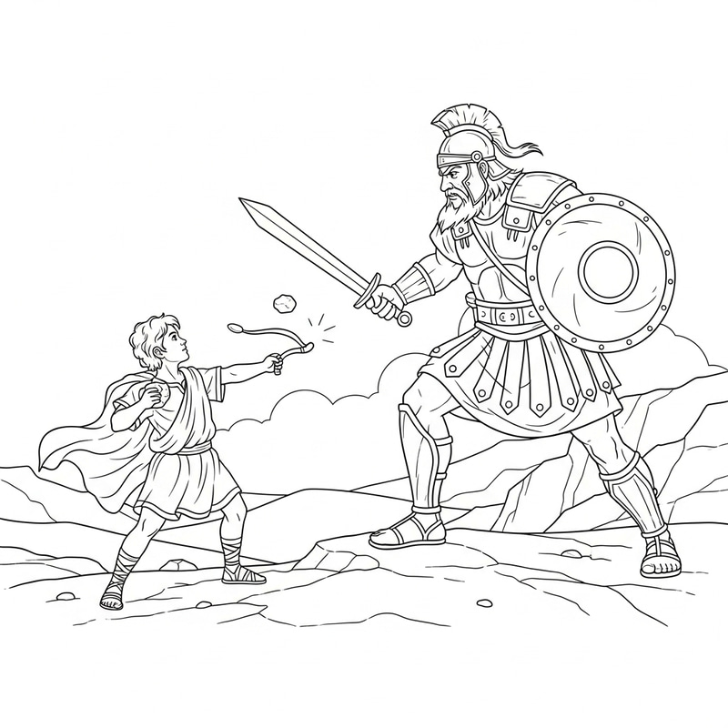 Bible-Themed David and Goliath Coloring Page