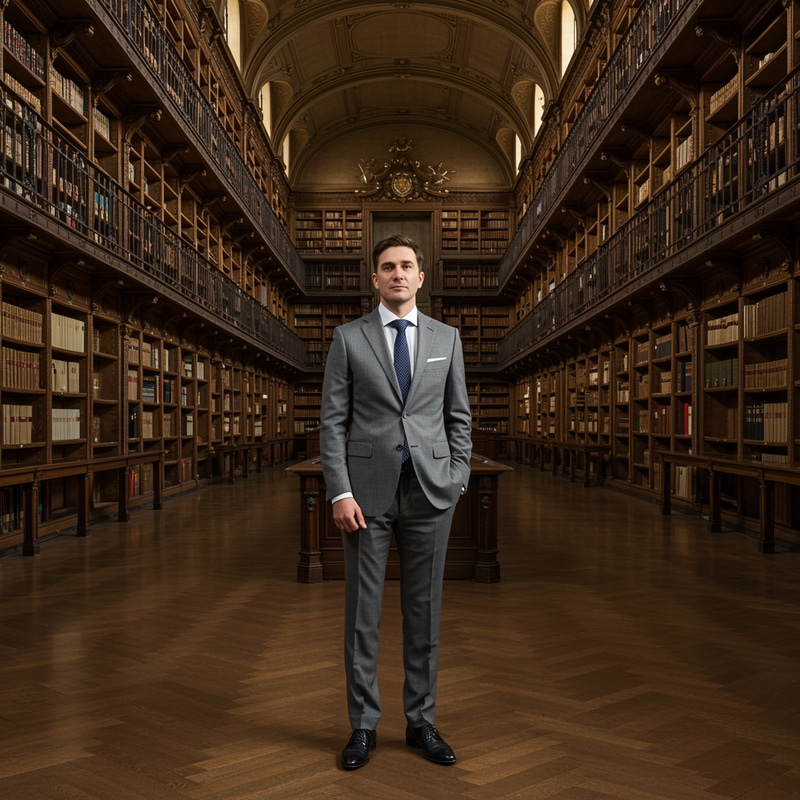 Grey Suit Portrait in a Library Setting
