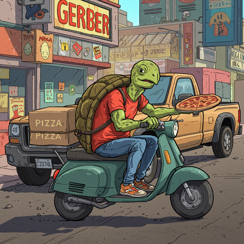 Turtle Pizza Delivery Guy on Scooter Art