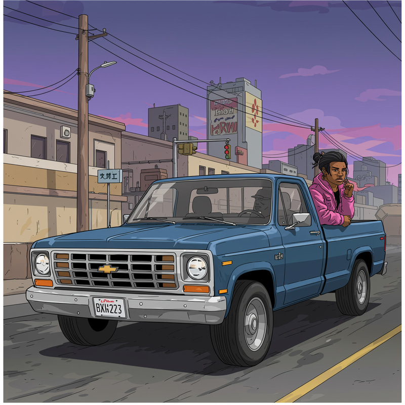 Dynamic Comic Truck in Gritty Cityscape Dynamic Comic Truck in Gritty Cityscape