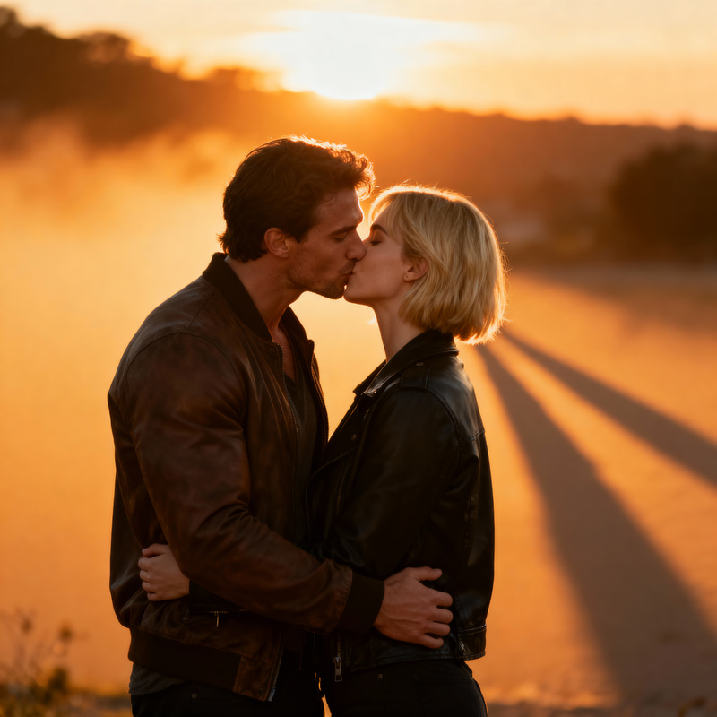 Romantic Sunset Kiss: Handsome Guy & Blonde Beauty