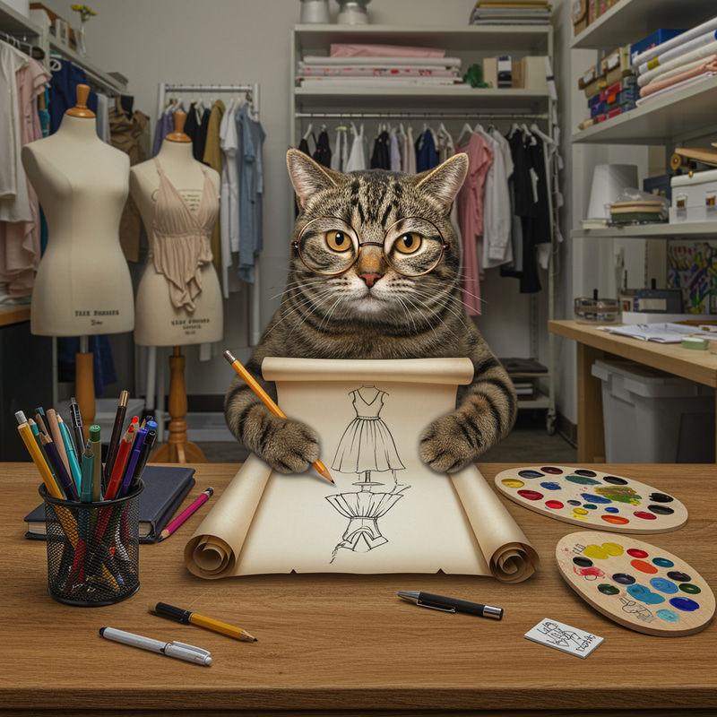 Creative Tabby Cat Artist in a Fashion Studio Creative Tabby Cat Artist in a Fashion Studio