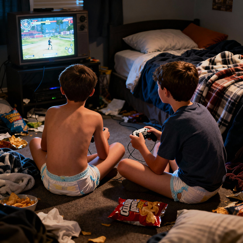 Teenage Boys Gaming Sleepover in Diapers Teenage Boys Gaming Sleepover in Diapers