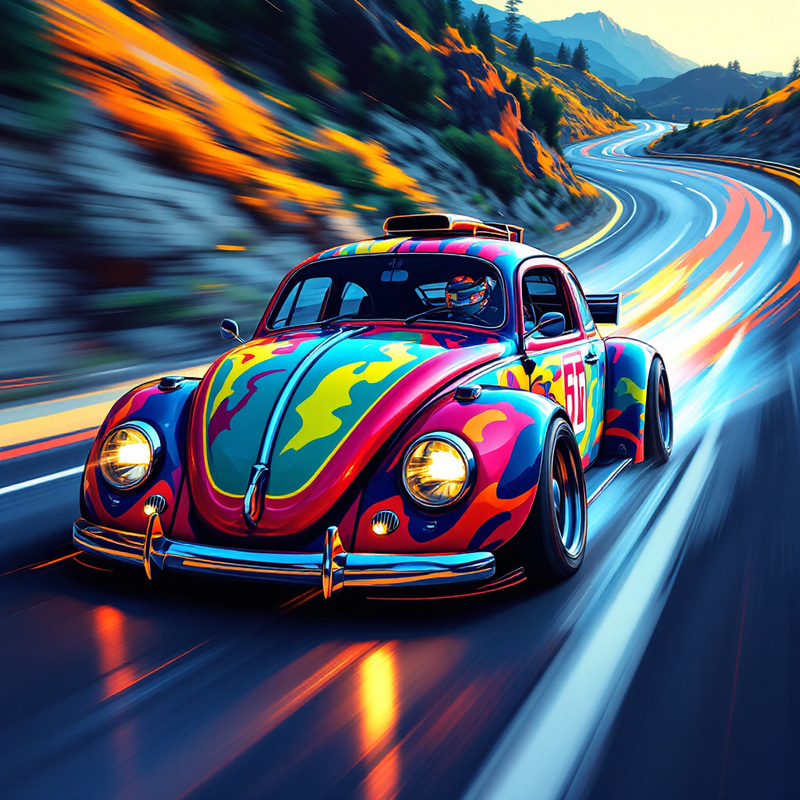Vibrant VW Beetle Race Car Art in Retro Pop Style Vibrant VW Beetle Race Car Art in Retro Pop Style