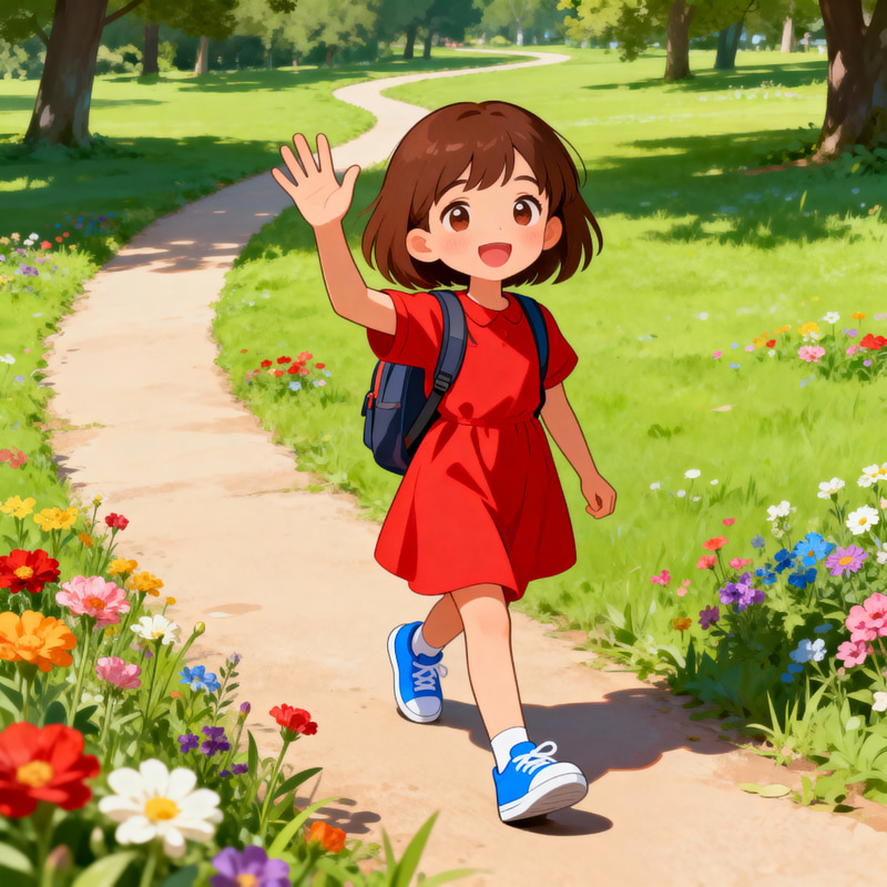 Cheerful Girl in a Park - Cartoon Illustration
