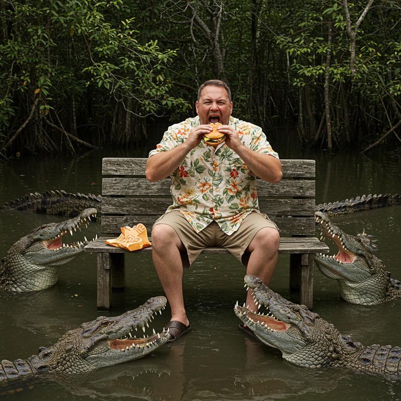 Fat Man Eating Burger Surrounded by Crocodiles