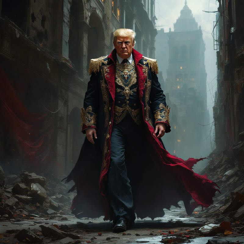 Dystopian Art: Trump in Royal Robe Amid Urban Decay