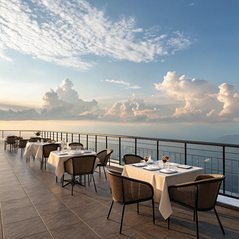 Aerial View of Restaurant Terrace with 5 Tables Aerial View of Restaurant Terrace with 5 Tables