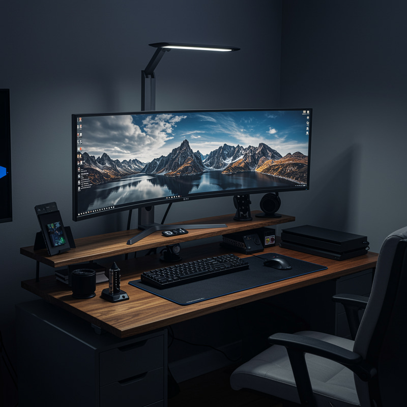 Stylish Dual Monitor Desk Setup with PS5