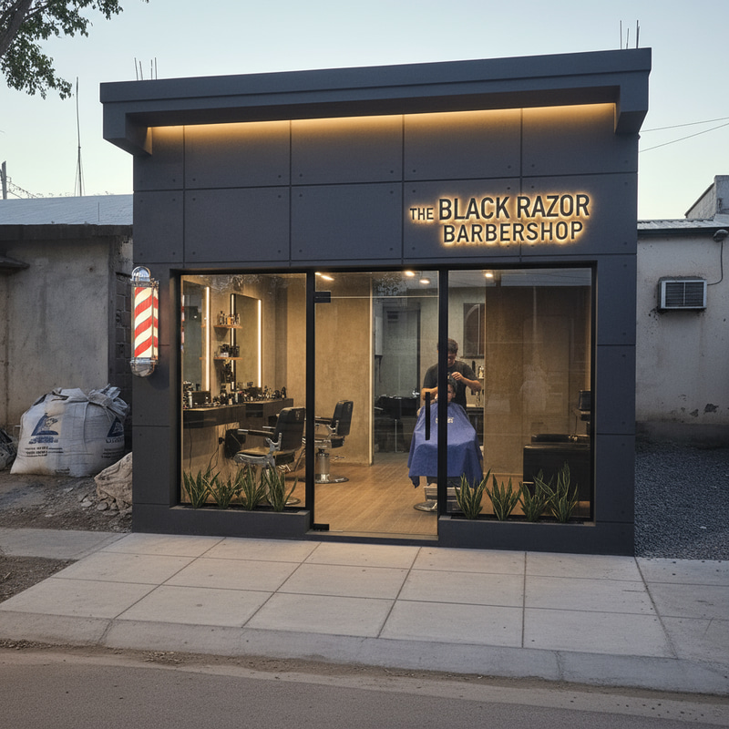 Modern Barber Shop Facade in Gray and Beige