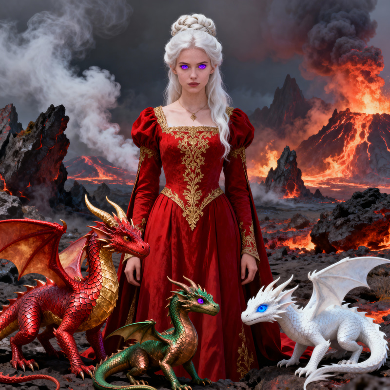 Epic Fantasy Heroine with Dragons in Fiery Wasteland Epic Fantasy Heroine with Dragons in Fiery Wasteland