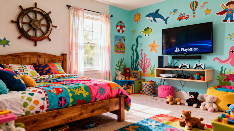 Maximalist Kids Room Design with PlayStation Setup