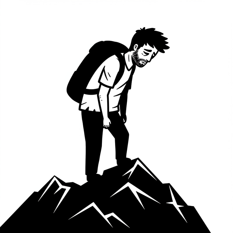 Exhausted Man Icon on Mountain - 2D Black and White Exhausted Man Icon on Mountain - 2D Black and White