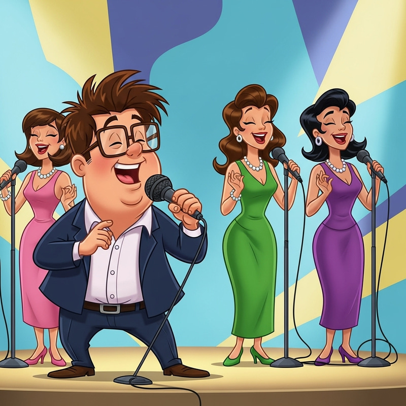 Cartoon Singer and His Stylish Girl Gang