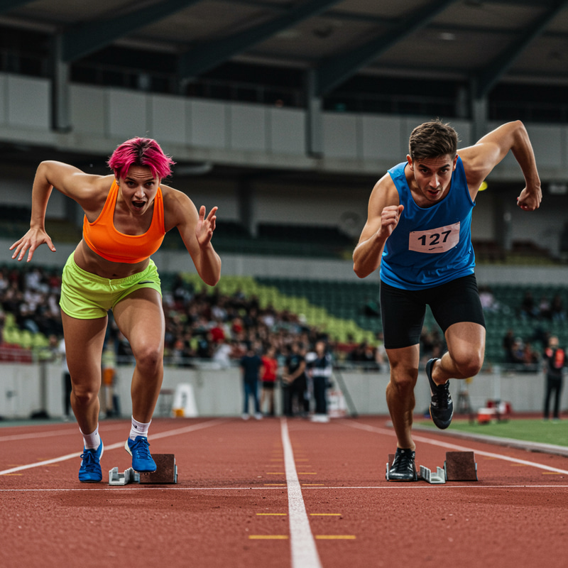 Race Start: Man and Woman Facing Each Other Race Start: Man and Woman Facing Each Other