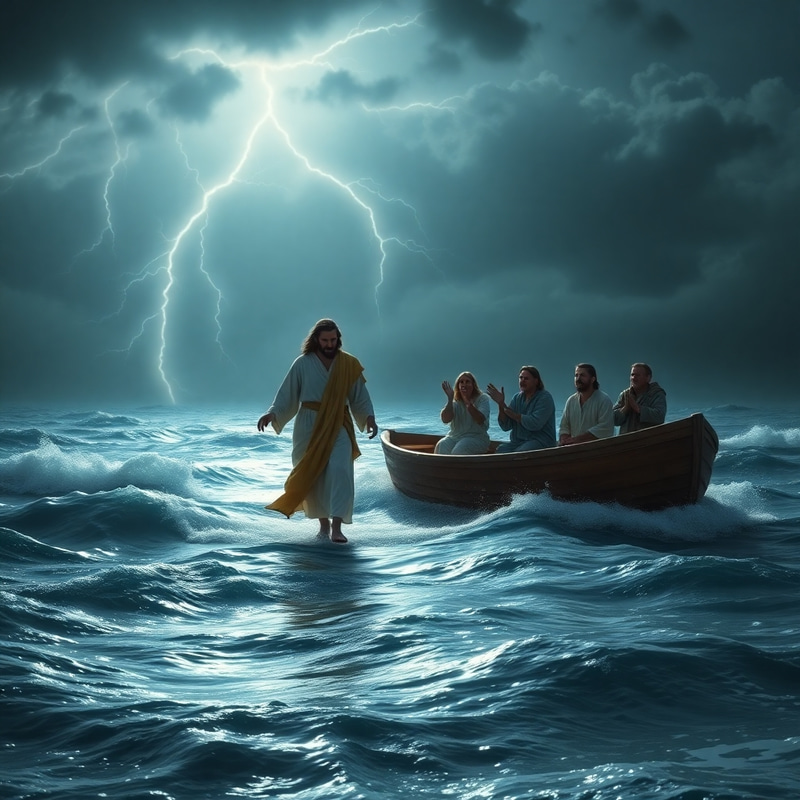 Miraculous Moment: Jesus Walks on Water at Night Miraculous Moment: Jesus Walks on Water at Night