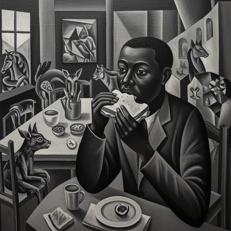 Cubism Oil Painting: Black Man Enjoying Sandwich Cubism Oil Painting: Black Man Enjoying Sandwich