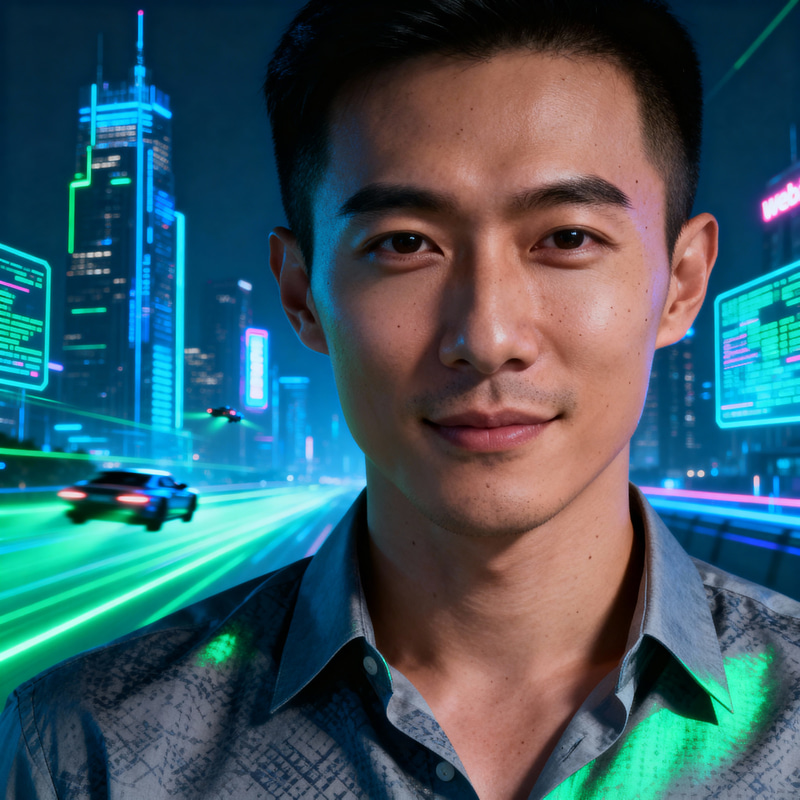 Professional Asian Male Portrait in Cyberpunk Style