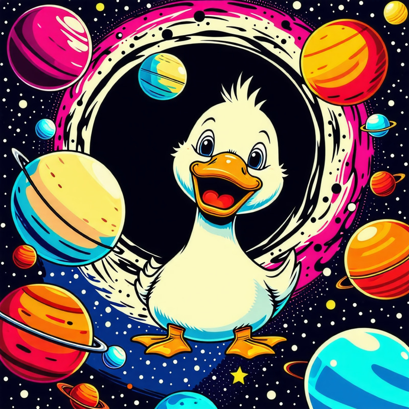 Silly Duck in Space: Bright Planets, Dark Hole - Pop Art Style Silly Duck in Space: Bright Planets, Dark Hole - Pop Art Style