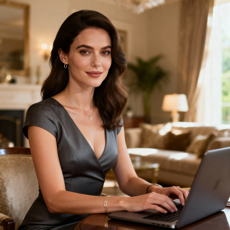 Elegant Woman at Laptop: Modern Lifestyle Look Elegant Woman at Laptop: Modern Lifestyle Look