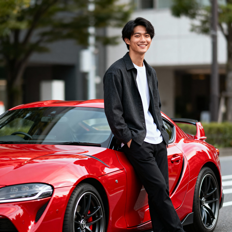 Sleek Red Toyota Supra with Stylish Young Man