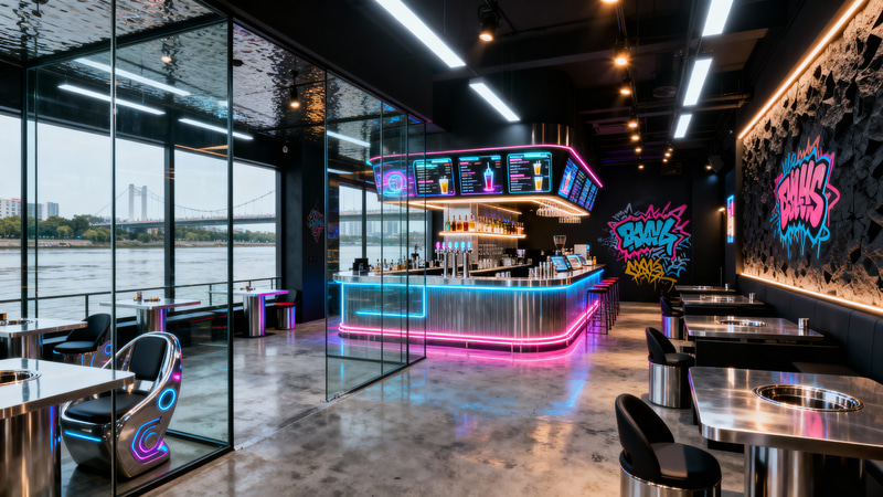 Cyberpunk Restaurant Design Near River - Gen-Z Vibe