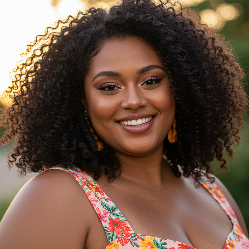Curvy Woman with Black Curly Hair and Brown Eyes Curvy Woman with Black Curly Hair and Brown Eyes