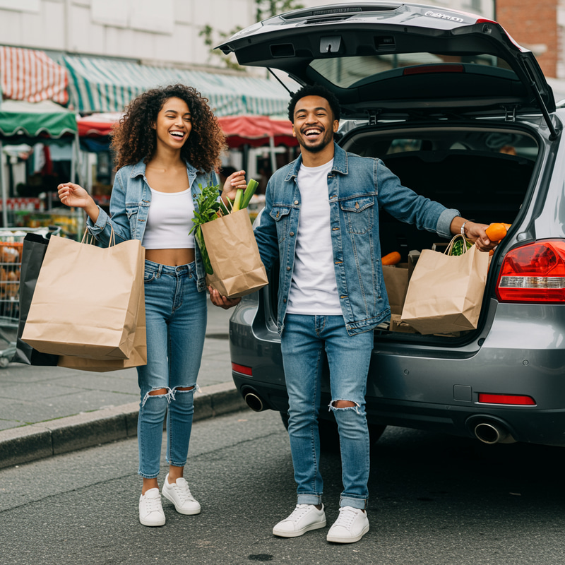 Happy Couple Leaving the Market with Groceries Happy Couple Leaving the Market with Groceries