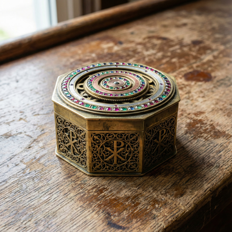 Decorative Octagonal Brass Box with Rotating Rings