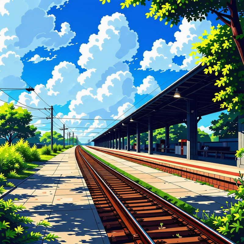 Serene Railway Station Amidst Lush Greenery | Detailed Art Serene Railway Station Amidst Lush Greenery | Detailed Art