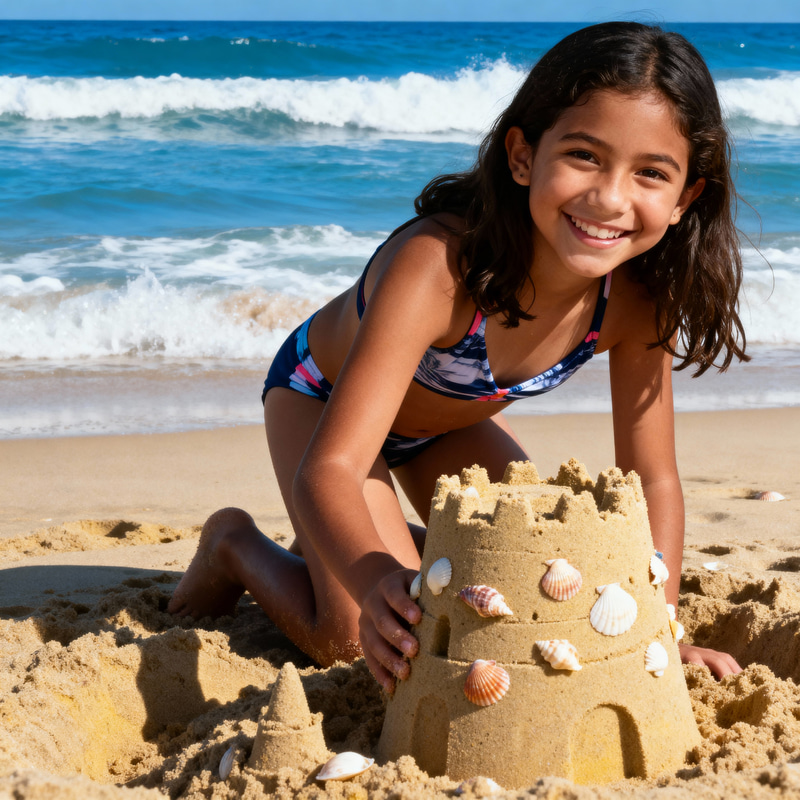 Joyful Summer Beach Day for a Young Hispanic Girl