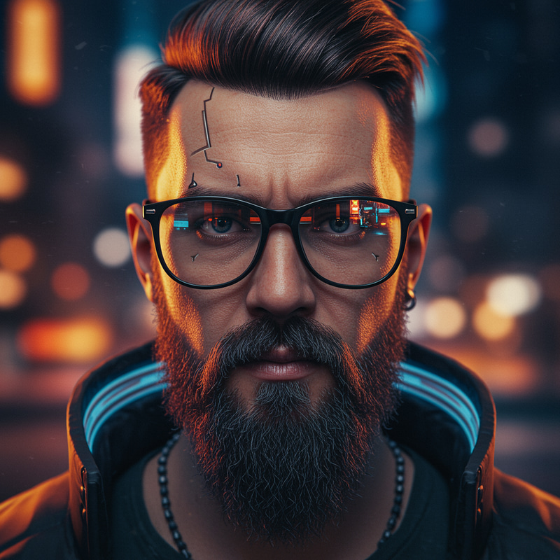 Cyberpunk Man with Black Glasses and Beard Cyberpunk Man with Black Glasses and Beard