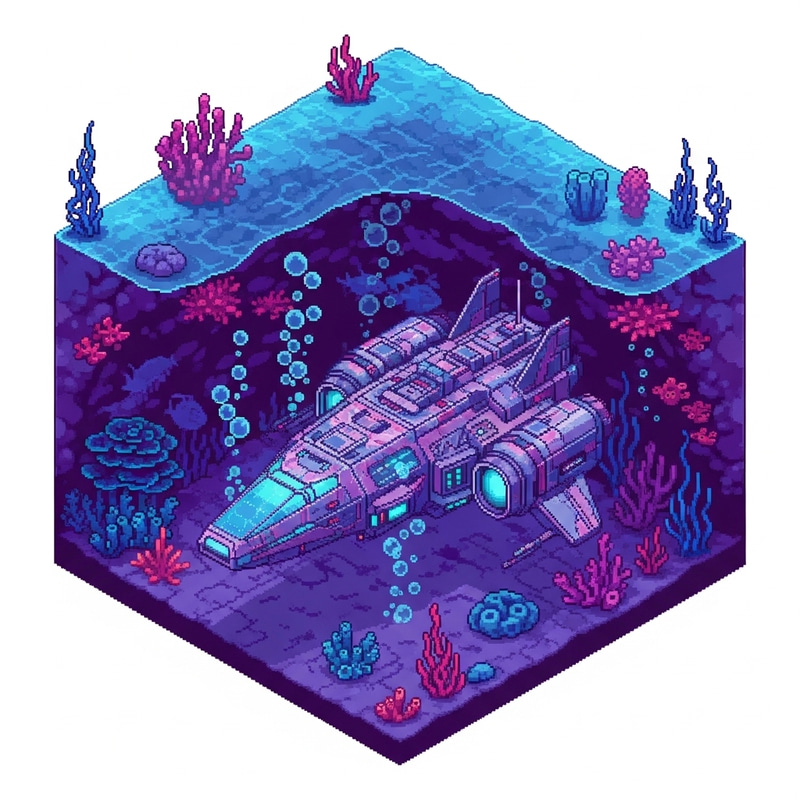 Isometric Pixel Art Spaceship Underwater Isometric Pixel Art Spaceship Underwater