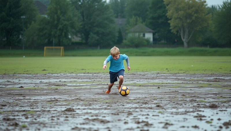 Boy Plays Soccer in Rainy Muddy Field Boy Plays Soccer in Rainy Muddy Field