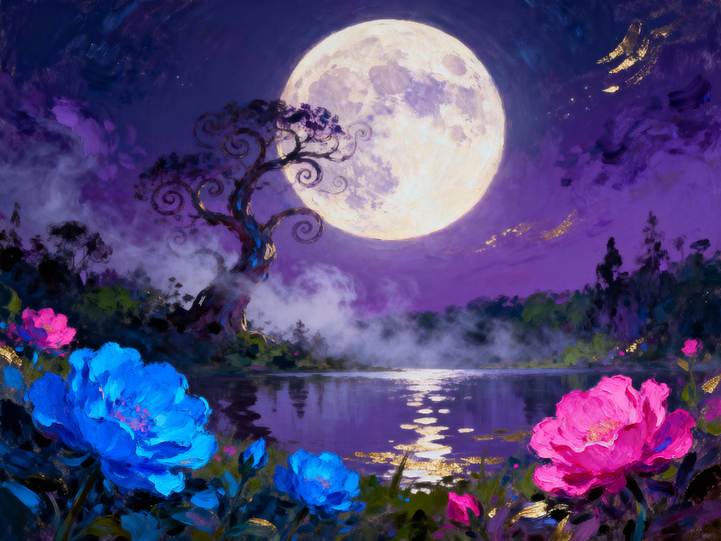 Surreal Lunar Landscape Art with Vibrant Flowers Surreal Lunar Landscape Art with Vibrant Flowers