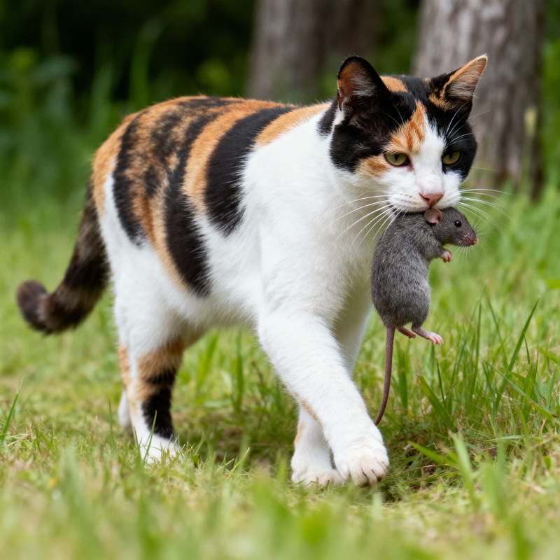 Tricolor Cat Walking with a Mouse Tricolor Cat Walking with a Mouse