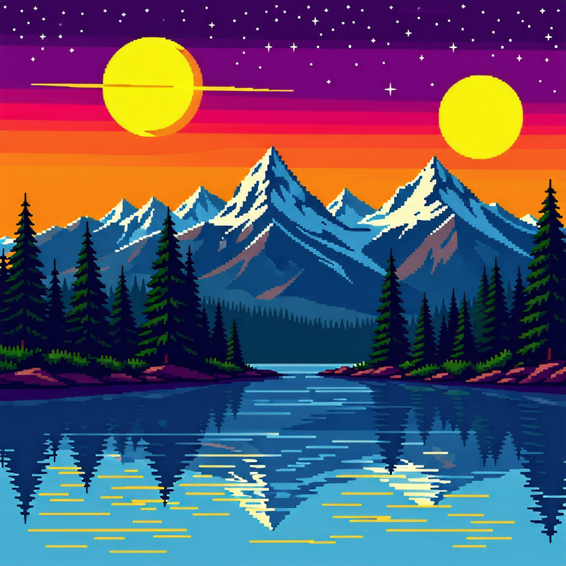 Serene Pixel Art Mountain Landscape with River Serene Pixel Art Mountain Landscape with River