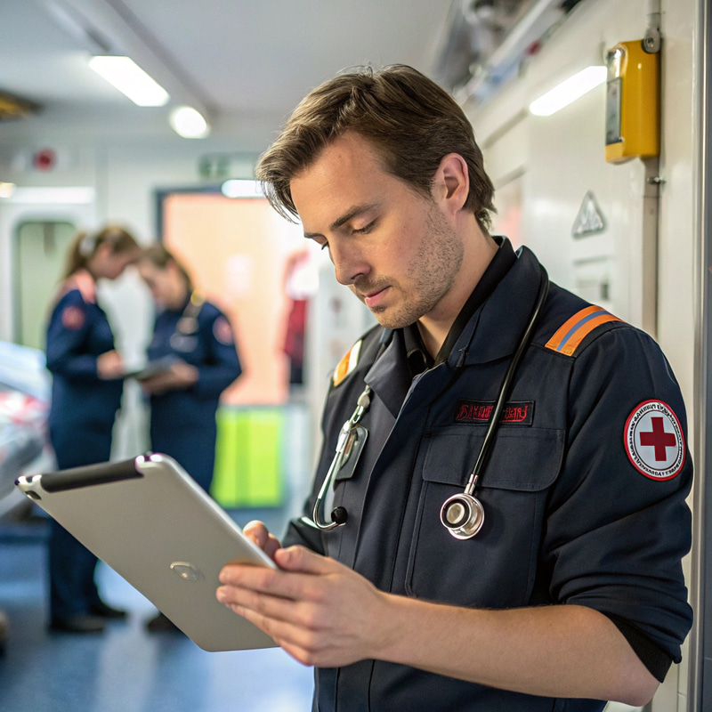 Paramedic Using Tablet for Patient Observation Paramedic Using Tablet for Patient Observation