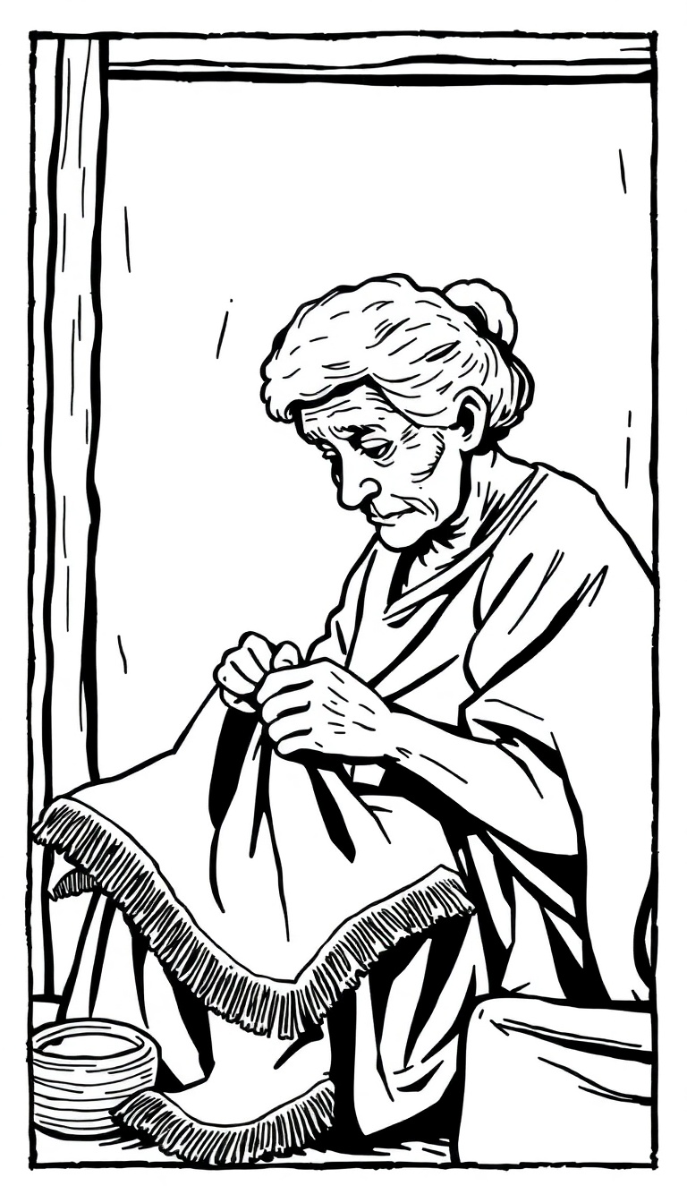 Old Woman Lola Stitching a Towel - Comic Strip Art Old Woman Lola Stitching a Towel - Comic Strip Art