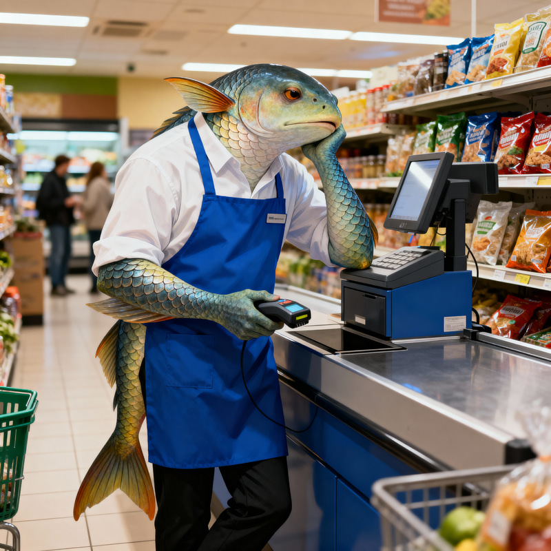 Bored Fish Person in Grocery Store